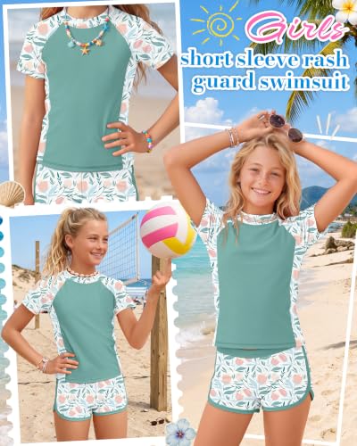 Image of Xaatren Girls 2 Piece Rash Guard Swimsuit | Quick Dry Bathing Suits, Short Sleeve Floral Beach Swimwear, Summer Tee and Boyshort Sets, Protection, Hawaiian, 7-16 Year