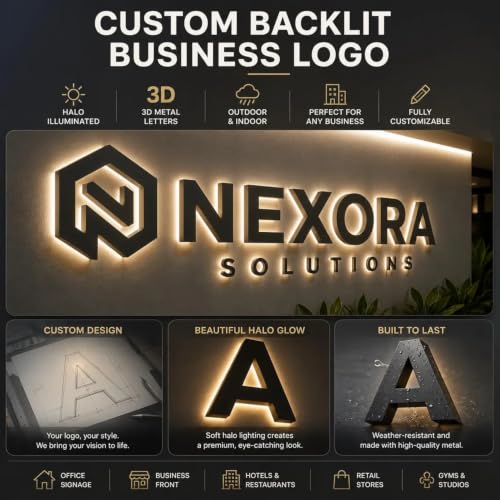 Image of Custom 3D Backlit Letters Business Sign, Personalized Reverse Channel Signs | Custom Illuminated Business Logo Sign for Wall, Company Storefront Home Office Salon Cafe Studio