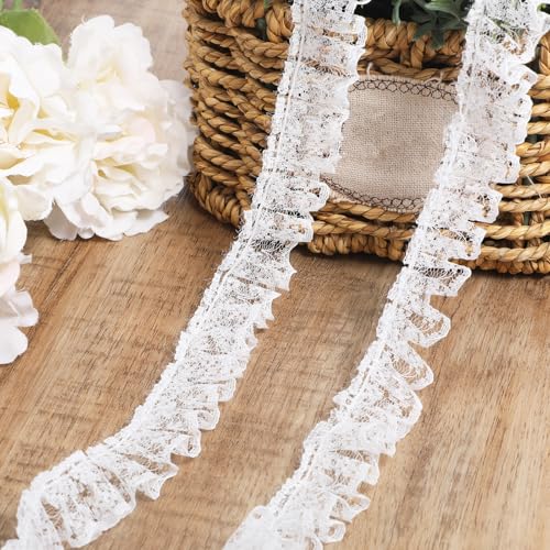 11 Yards White Lace Ruffle Trim Ruffle Lace Pleated Trim Embroidered Sewing Laces Trims Pleated Satin Laces Edge Trims Fabric Ribbon for Sewing Craft Wedding DIY Decoration