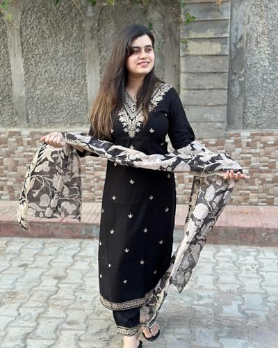 Image of GoSriKi Women's Rayon Blend Straight Embroidered Kurta with Pant & Dupatta