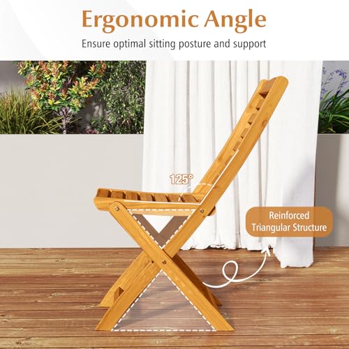 Image of Tangkula 3 Pieces Acacia Wood Patio Folding Bistro Set, Outdoor Table and Chairs Set with Soft Cushions, Patio Furniture Set for Porch, Balcony, Garden, Deck and Backyard