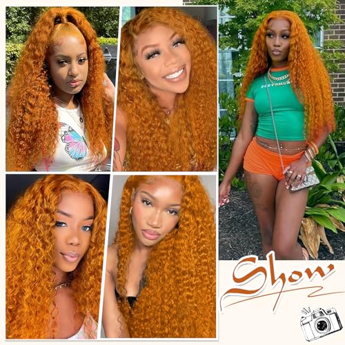 Image of Nsvnsv Ginger Wig Human Hair 13x4 deep wave Ginger Orange Lace Front Wigs Human Hair HD Transparent Lace Frontal 350 Colored Human Wig Pre Plucked 180% Density 24inch