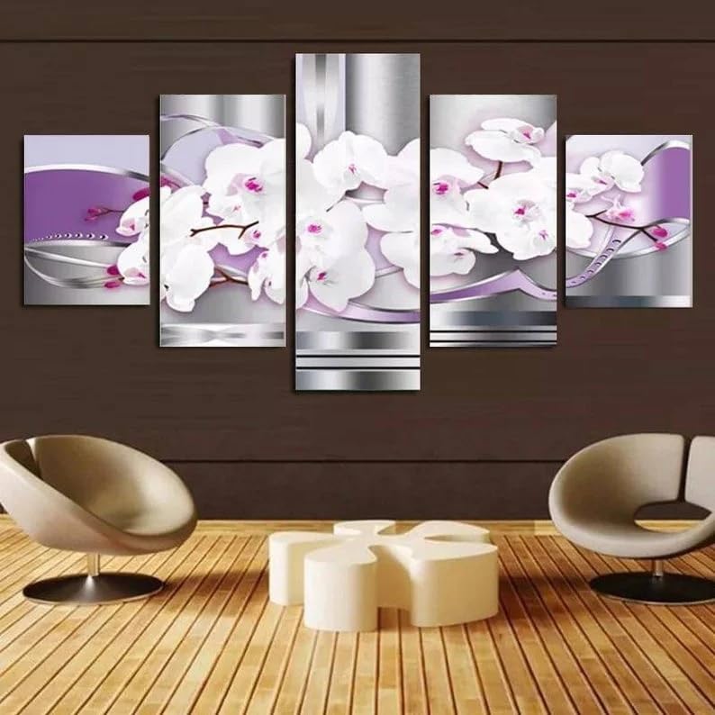Décoration murale salon XINYUEST avec tableau orchidée rose en 5 parties sur toile