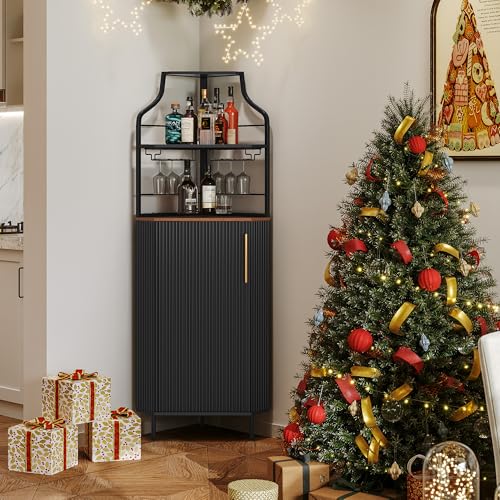 Image of ARTPOWER Corner Bar Cabinet with LED Strip, 4-Tiers Liquor Cabinet, Black