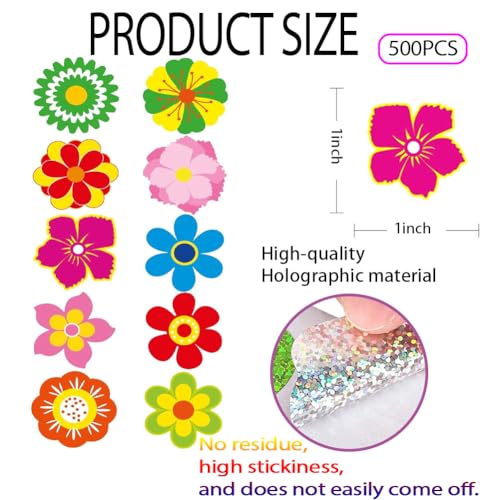 Image of 500Pcs Holographic Flowers Stickers Rolls 1in Laser Waterproof Stickers for Kids 10 Colors Flowers Self-Adhesive Sticker Rolls for Classroom Reward Scrapbook Journal Envelope Decorations