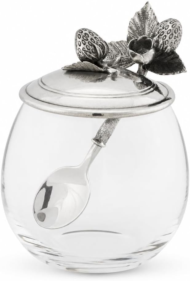 Vagabond House Strawberry Jam Jar with Spoon Set - Handblown Glass with Pewter Accents - Perfect for Serving 12 oz