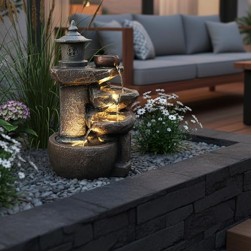 Miniatura 2 de Arnusa Fuente Bk851 Cascada Con Iluminación Fuente De Jardín Fuente Interior Fuente En Cascada Fuente De Terraza Decoración, Marrón Gris