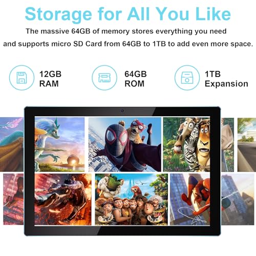 Image of 10 Inch Tablet Android Tablets 64GB 12GB RAM 10 inch Android Tablet Supports 1TB Expansion Dual Camera 6000mAh Long-lasting battery WiFi-6 Tableta 2 IN 1 Tablets with Bluetooth Mouse Case Stylus Keyboard