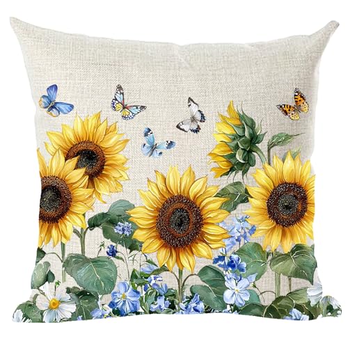 Ramirar Ink Painting Watercolor Yellow Sunflowers Blue Butterflies Green Leaves Summer Decorative Throw Pillow Cover Case Home Living Room Bed Sofa Car Cotton Linen Square 18 x 18 Inches