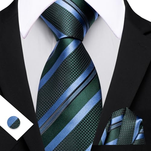 Image of Barry.Wang Mens Tie Set Plaid Check Neckties Formal Business Wedding Luxury Pocket Square Cufflinks
