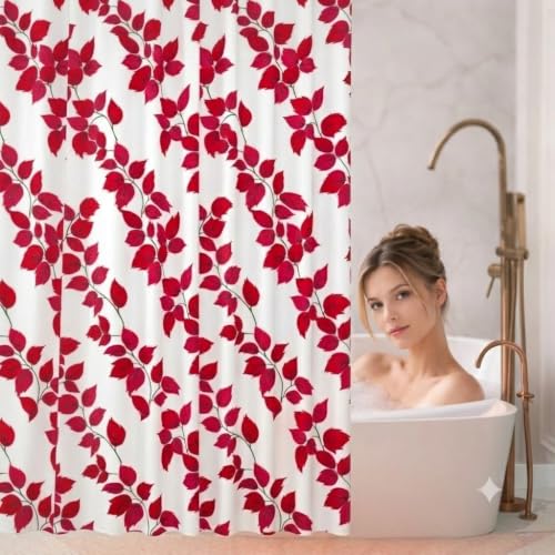 Image of Shower Curtain 7 Feet | Waterproof PVC Printed Bathroom Curtain with 8 Rings | Transparent Stone Print Bathtub Curtain | Extra Long Bathroom Liner, Waterproof & Easy to Clean (Red Leaf,Pack Of 1)