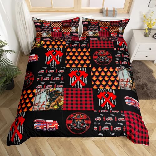 Juego de ropa de cama de bombero, funda de edredón roja de camión de bomberos para niños y adolescentes, funda de edredón geométrica de cuadrícula decorativa, juegos de ropa de cama rojo y amarillo