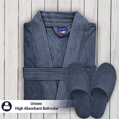 Image of Sassoon Venir Microfiber Bathrobe With Slippers for Men & Women, Unisex Luxury Bathrobe Towel, Spa Robe Combed (Pack of 1) - Denim Color