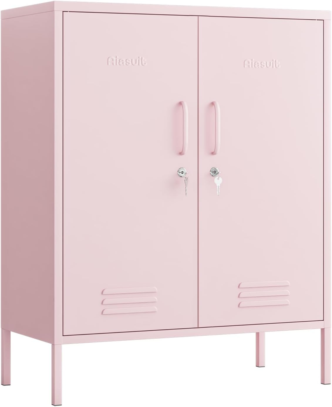2 Door Lockable Metal Storage Cabinet, 3-Tier Heavy Duty Multifunctional Locker with Removable Shelves, Easy Assembly Accent Cabinet for Home, Office, Entryway and Hallway Pink