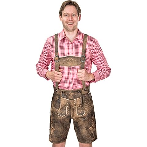 Short Antique Look Bavarian Men's Costume Leather Trousers with Straps, Original in Dark Brown, Oktoberfest, Size 44-60 - Brown - W44 Cover
