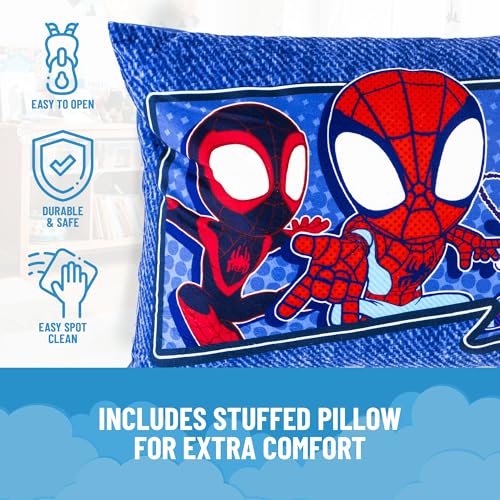 Image of Jay Franco Kids Slumber Bag and Pillow - 54 x 27 Inch Comfy Indoor Sleeping Bag for School and Sleepovers, 2 Piece Set, Blue - Spidey & His Amazing Friends