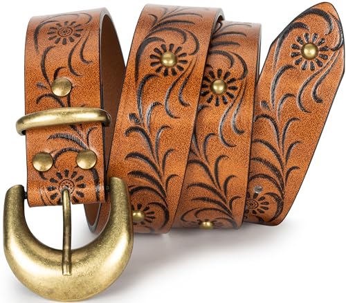 Image of Western-Leather-Belts-Women Vintage Waist-Belts with Hollow Out Flower