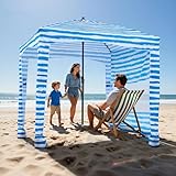 VEVOR Strand-Cabana 183 x183 cm Strandüberdachung mit Seitenwand, UPF 50+ Sonnenschutz, Strandpavillon mit Sandsäcken, tragbarer Sonnenschutz Sonnenschirm für Familie Freunde Blaue Streifen