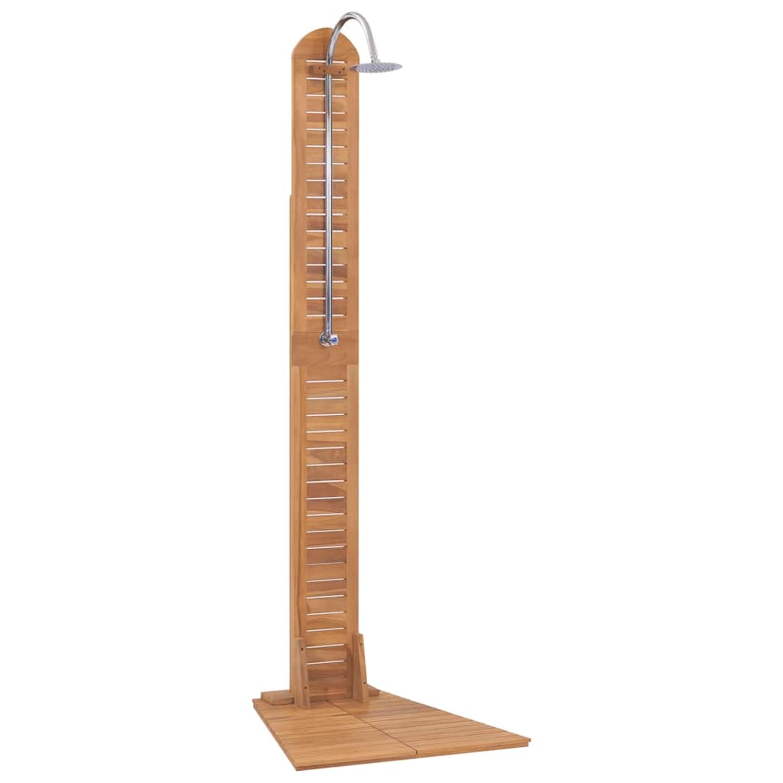 Gecheer Ducha de jardín de madera maciza de teca, 70 x 75 x 204 cm, ducha exterior de madera pulida fina con acero inoxidable para jardín y terraza
