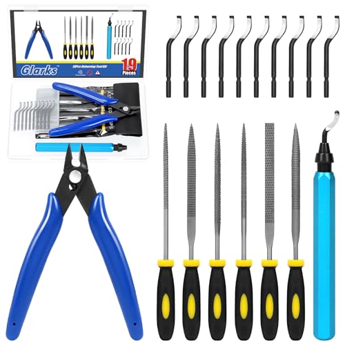 Glarks 19pcs Deburring Tool Kit Includes 1pcs Deburring Cutter 11pcs Heavy Duty BS1010 Deburring Blades 1pcs Flush Cutter 6pcs Different Types Needle Files for Resin 3D Printing