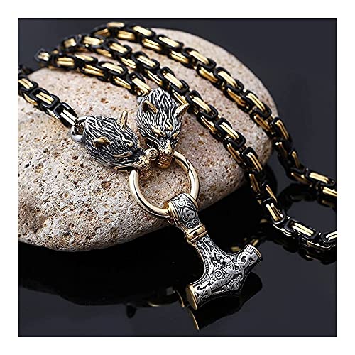 Uezenu Unisex Viking Thor's Hammer Stainless Steel Necklace, Black Gold Wolf Head King Chain Byzantine Style, Medieval Vintage Rune Amulet Titanium Steel Pendant (Color : Gold, Size : 50Cm)