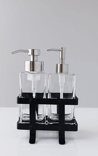 Miniatura 2 de Rail19 Moderno juego de dispensador de jabón de vidrio espumoso + no espumoso con organizador de metal negro, 12 onzas (inoxidable)