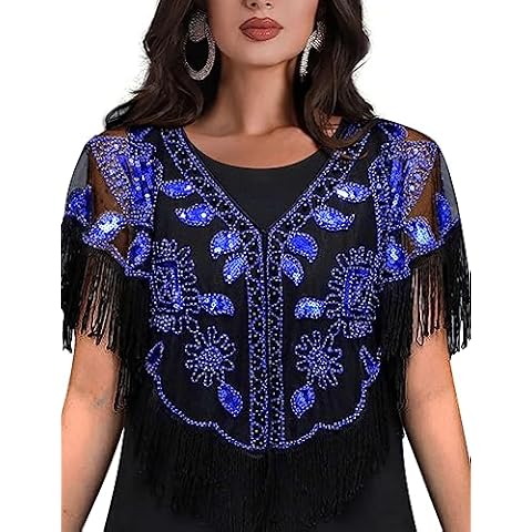 NeeMee 1920s Beaded Evening Top for Women Vintage Sequins Embellished Blouse Tasseled Sleeves Art Deco for Gatsby Theme Party BlackBlue X-Large Cover