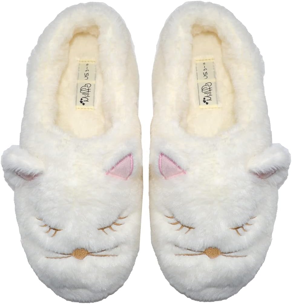 Millffy Warm Animal Cozy Plush Slippers womens house slipper Bedroom cat girl fuzzy slippers (Women M US 9-10, White Cat)