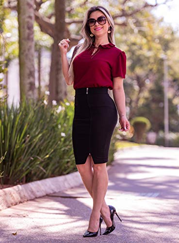 Blusa Feminina Social Gota Laço Manga Curta Moda Evangélica (P/38, Marsala)