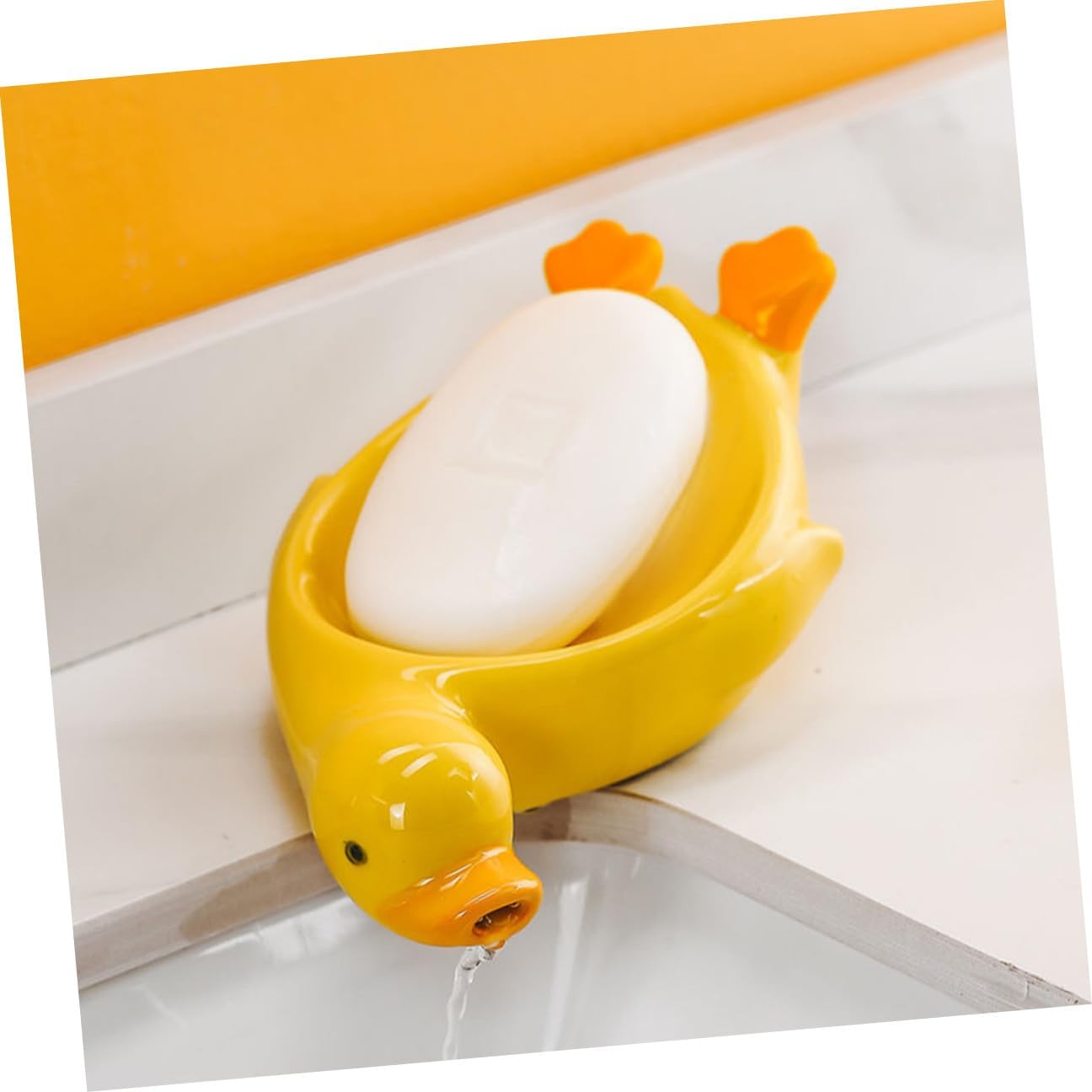 Ceramic Soap Dish with Draining Tray Cute Yellow Bird Pattern Decorative Soap Holder for Bathroom Countertop and Kitchen Sink