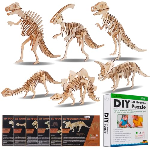 calary 3D Wooden Puzzle Simulation Animal Dinosaur Assembly DIY Model Toy for Kids and Adults,Set of 6