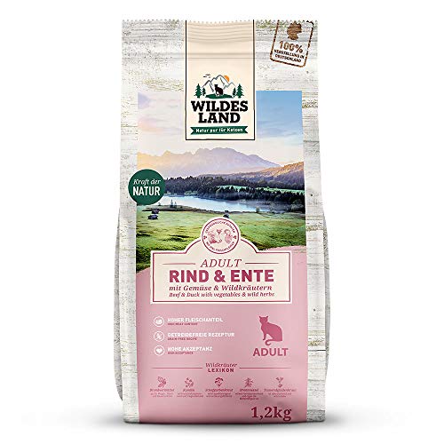 Wildes Land - 4 x 1,2 kg - Trockenfutter für Katzen - Rind und Ente - Getreidefreie Rezeptur - Hoher Fleischanteil - In Deutschland zubereitet - Hoher Eiweißanteil - Natürliche Zutaten