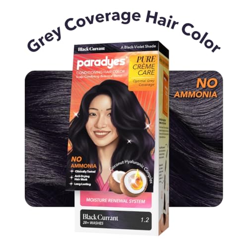 Image of Paradyes Pure Creme Care No Ammonia Hair Color Black Currant 1.2 | Long-Lasting Creme Formula | Grey Coverage | Coconut Milk + Almond Oil + Hyaluronic Complex | Smooth & Shiny Finish | 60g+10 ml