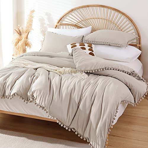 YIRDDEO King Size Comforter Set - King Size Comforter with Ball Pom Fringe, Soft King Bedding Set for All Seasons - 3 Pieces, 1 Comforter (104"x90"inches) & 2 Pillow Shams(20"x36"), Oatmeal