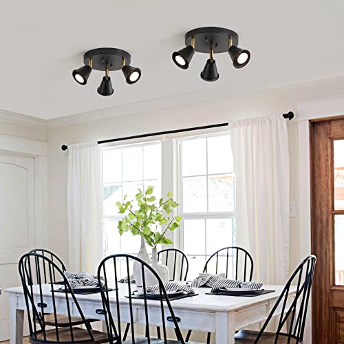 Image of 3-Light Industrial Directional Track Lighting, Adjustable Round Ceiling Spotlight, Morden Black Flush Mount Kitchen Light for Kitchen,Hallway,Dining Room,Porch,Office.Gu10 Bulbs Included