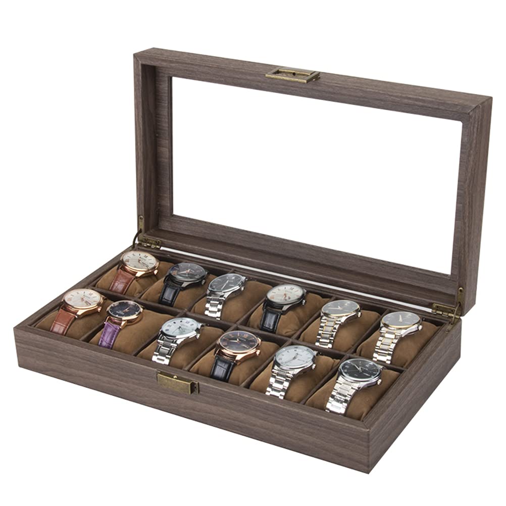 ACMHNC Uhrenkasten Herren Damen Uhrenbox mit 12 Fächer, PU Leder Uhrenkoffer Damen Herren Schmuckkasten Uhren Aufbewahrungsbox mit Transparent Glasdeckel