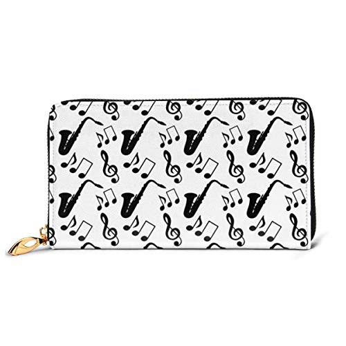 Preisvergleich Produktbild JHGFG Musikalische Noten Noten Violinschlüssel Saxophonmuster RFID-Blocking-Reißverschluss für Frauen Brieftasche Echtes Leder Clutch Langer Kartenhalter Organizer Wallets Große Reisetasche