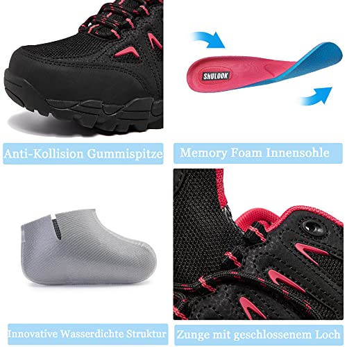 SHULOOK Wanderschuhe Damen Wasserdicht Leicht Trekkingschuhe Damen rutschfeste Bergschuhe Outdoor Schuhe für Camping,Hiking,Angeln (Schwarz Rot EU 39)