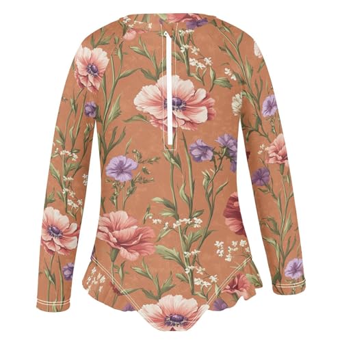 Flowers Carnation Phlox Thyme Terracotta Long Sleeve Girls Swimsuit Sun Protection Swimming Suits Girls Bathing Suit 11-12 Year2