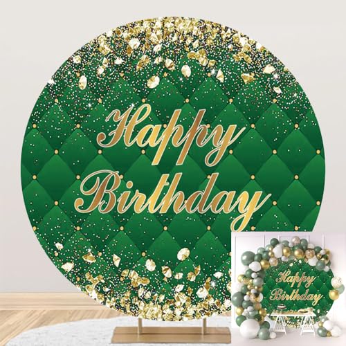 DORCEV 7.2x7.2ft Gold Green Glitter Birthday Party Round Backdrop Cover Gold Diamonds Glittering Sequins Happy Birthday Circle Backdrop Cover Adults Green Lozenge Birthday Photography Background Decor by DORCEV - Used condition - US$31.94