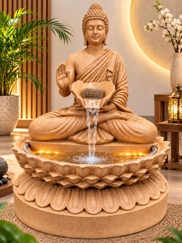 Image of G - Creations : Buddha Waterfall Fountain, Beige, Fibreglass, 2 Feet Height, Water Feature with Lotus Base, Corded Electric for Home | Office | Outdoor| Indoor and Porch Area