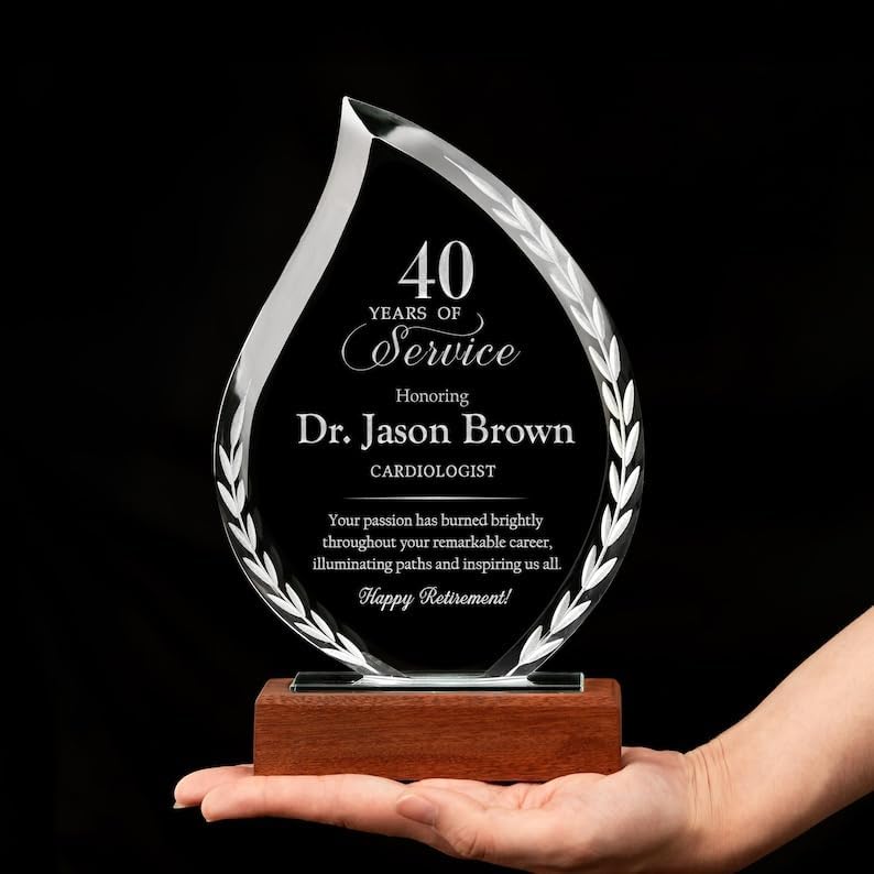 Personalized 40 Years of Service Awards, Employee Appreciation Flame Award - Boss Appreciation Gifts, Retirement Gift for Coworker, 8.6'' Glass Plaque