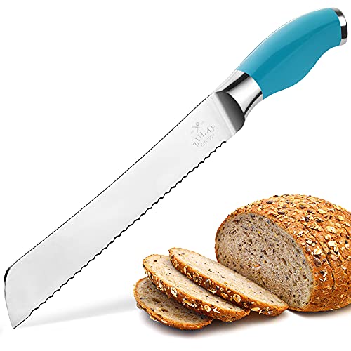 Zulay Serrated Bread Knife - Stainless Steel Bread Knife For Homemade Bread, Cake, Bagel - One Piece Bread Cutter & Slicer With Tip Safety Guard - Sharp 8-Inch Blade & 5-Inch Handle (Blue) #TOP15