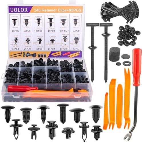 Uolor 335 clips de retenue de pare-chocs, rivets en plastique, kit 12 tailles rivets à pousser + attaches T améliorées - Pour garnitures portière et ailes,...