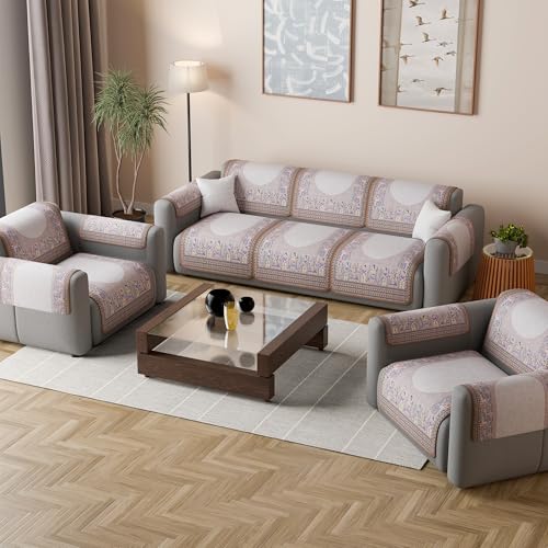 Image of Kuber Industries 5 Seater Sofa with Arm Cover | Slipcover for Living Room | Thick & Cozy | Non-Slip Comfort Sofa Cover Set | Rajasthani Border Malibu 1351 - Brown