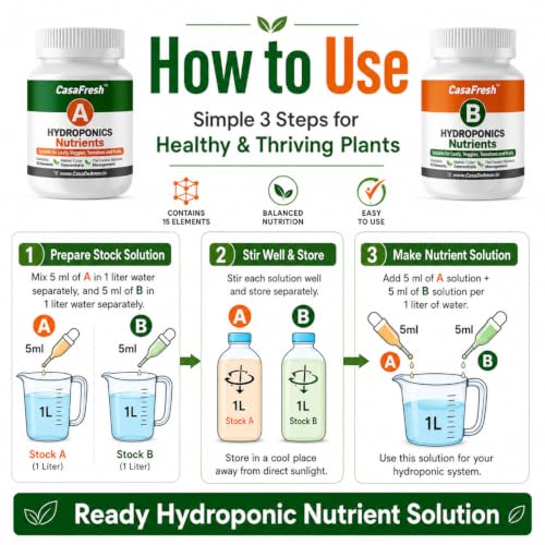 Image of Casa De Amor Hydroponic A & B Nutrients- Suitable for Leafy, Veggies, Tomatoes and Fruits, Solid Mixture | Contains 15 Elements, Makes 200 Liter Solution, Balanced Plant Nutrition for Hydroponics