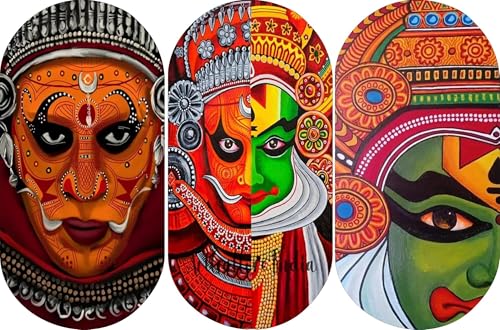 Image of Dakshestry Artworks Kathakali Wall Art Set of 3 Frames | Kerala Traditional Face Painting Wall Decor | Premium Oval Framed Artwork for Living Room, Hallway & Office | Indian Cultural Home Decoration | Ready to Hang