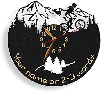 monastar Biker Girl Wall Clock-Select Size, Personalized- Wood Big Mountain Bicycler Wooden Clock Bicyclist Cyclist Cycling Wall Art Décor