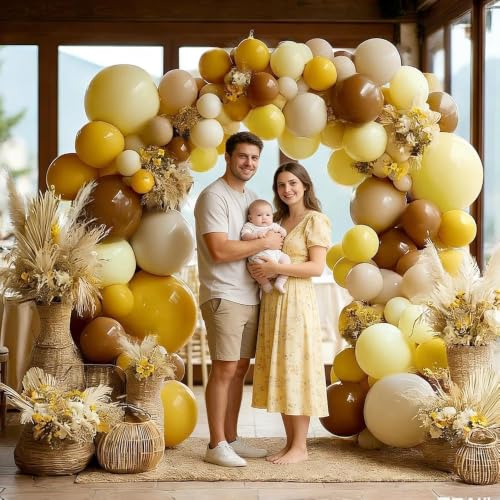 Image of Balloon Garland Arch Kit Pastel Yellow Blush White Sand Brown Balloons Double Stuffed Mustard Yellow Bee Balloons for Neutral Baby Shower Wedding Birthday Gender Reveal Fall Party Decorations