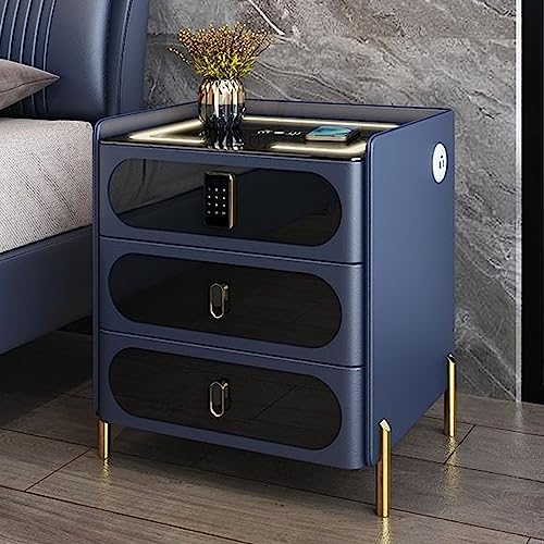Mesita de noche inteligente con cerradura de combinación, carga inalámbrica, luces LED, puerto USB y altavoz Bluetooth, mesa auxiliar LED multifuncional para dormitorio y sala de estar